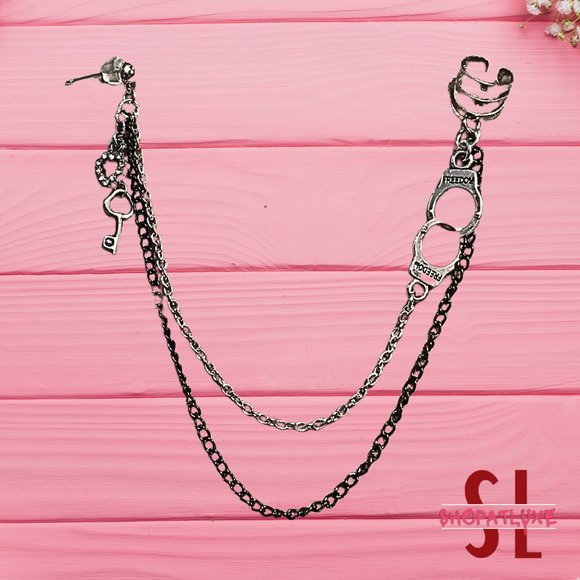 Handcuffs And Key Charms Ear Cuff And Chain Earring - Picture 5 of 5